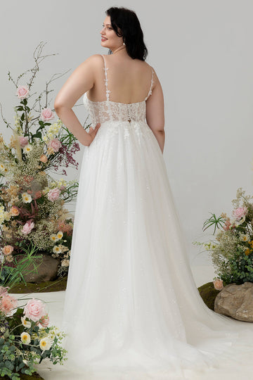 Elfenben Spaghetti Remmar Tyll En Linje Bröllopsklänning med Slits